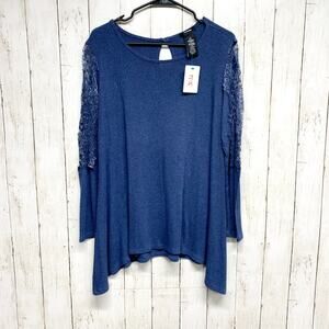 Premise Shirt Women Size Large Blue Crochet Sleeve Round Neck Long Sleeve Blouse